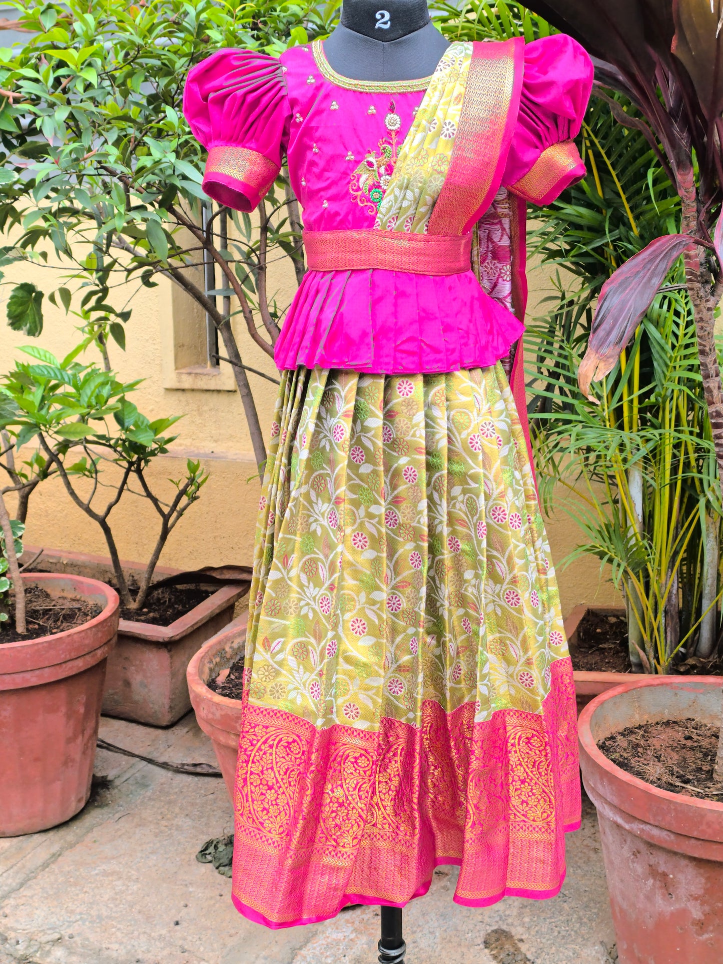 Calla - Semi Kanchipuram Pattu Frocks/Gown with Blouse and Detachable Duppatta with Waist Belt