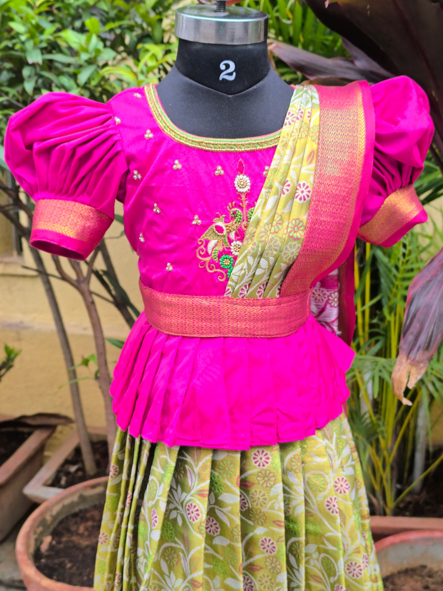 Calla - Semi Kanchipuram Pattu Frocks/Gown with Blouse and Detachable Duppatta with Waist Belt
