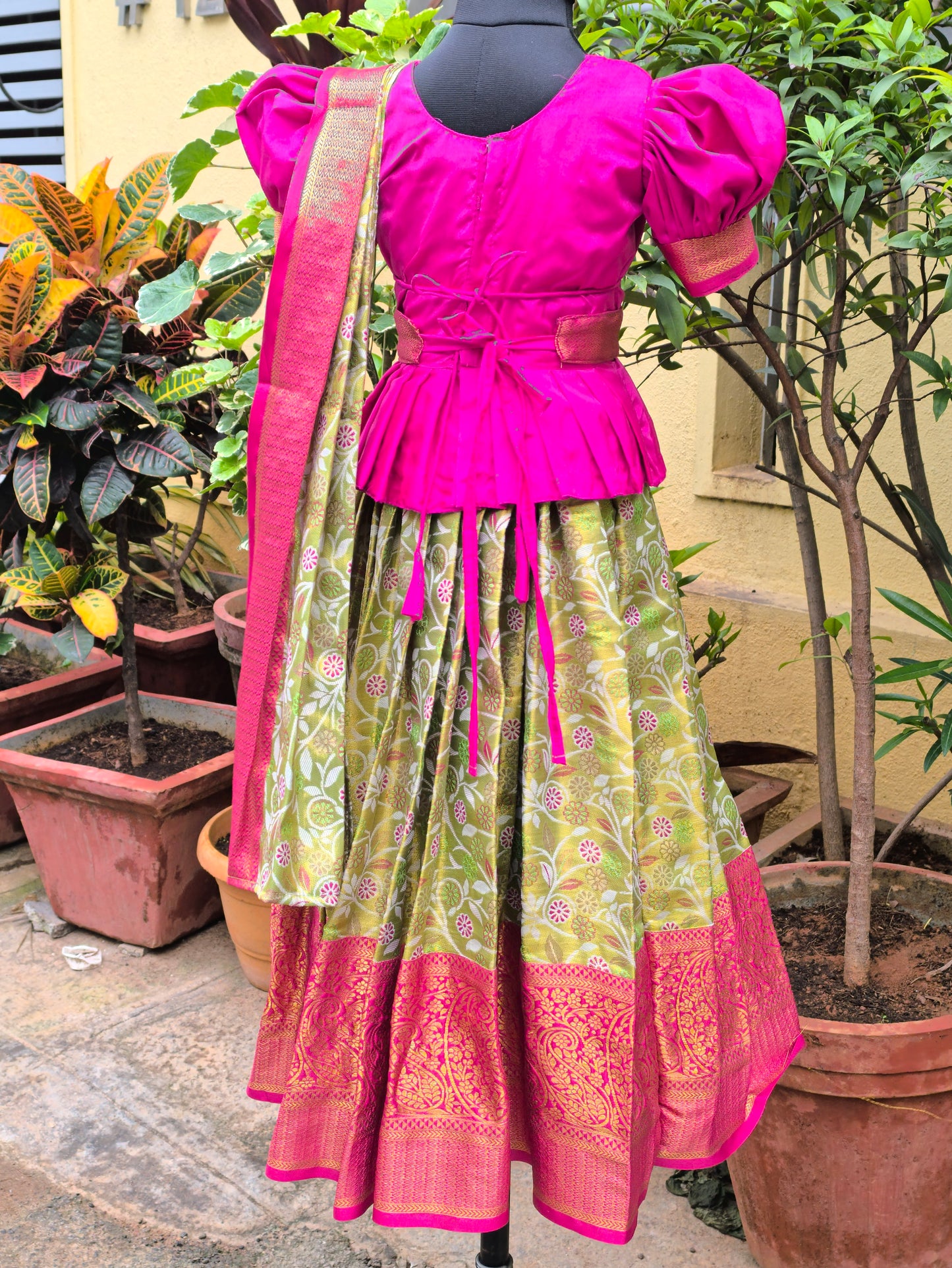 Calla - Semi Kanchipuram Pattu Frocks/Gown with Blouse and Detachable Duppatta with Waist Belt