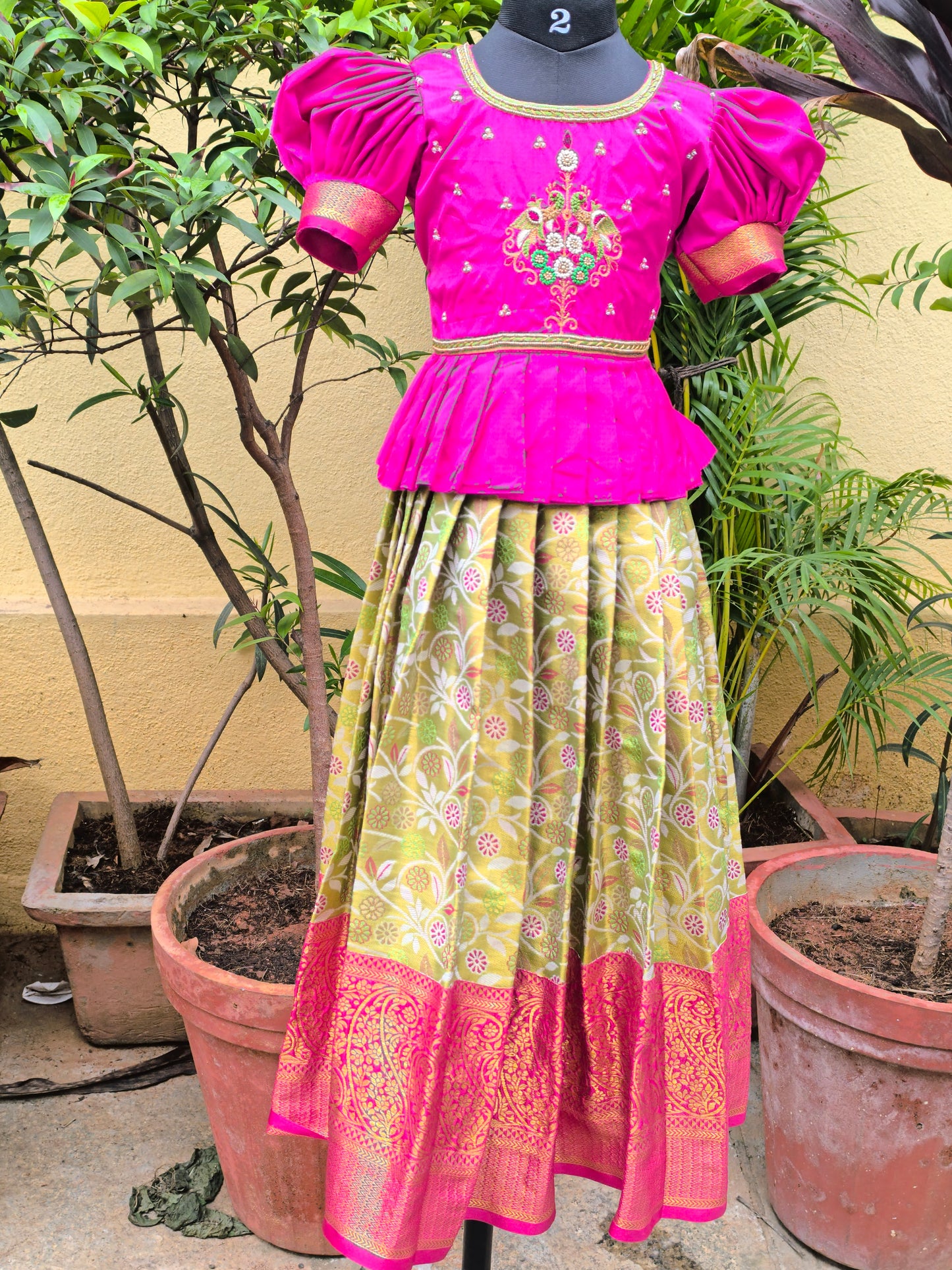 Calla - Semi Kanchipuram Pattu Frocks/Gown with Blouse and Detachable Duppatta with Waist Belt