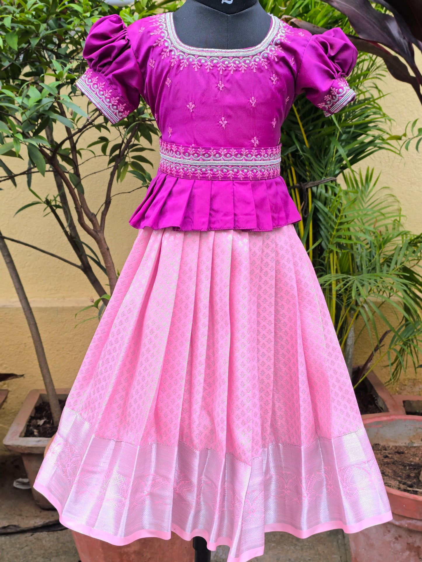Chives - Semi Kanchipuram Pattu Frocks/Gown with Blouse and Detachable Waist Belt