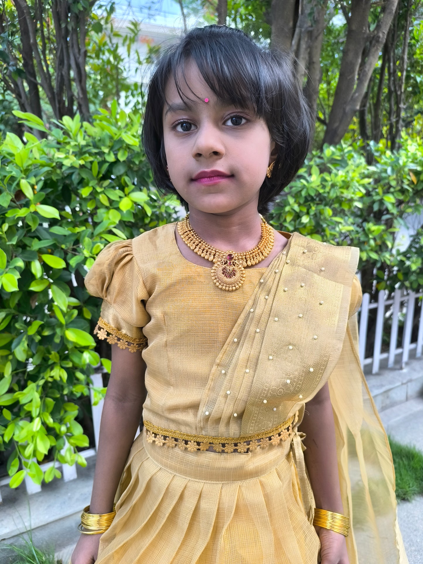 Gold Blossom - Tissue Silk Pattu Paavadai/Langa Blouse