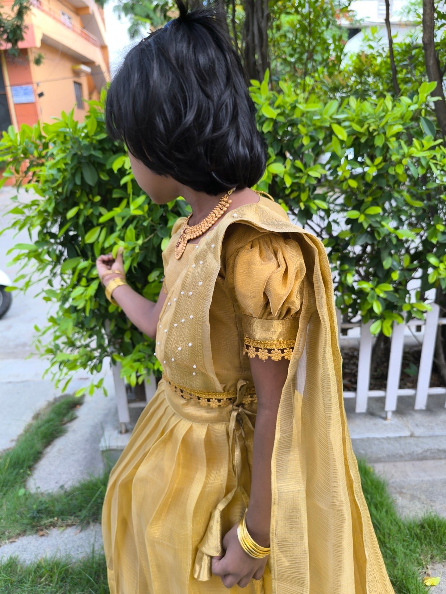 Gold Blossom - Tissue Silk Pattu Paavadai/Langa Blouse