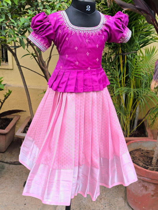 Chives - Semi Kanchipuram Pattu Frocks/Gown with Blouse and Detachable Waist Belt