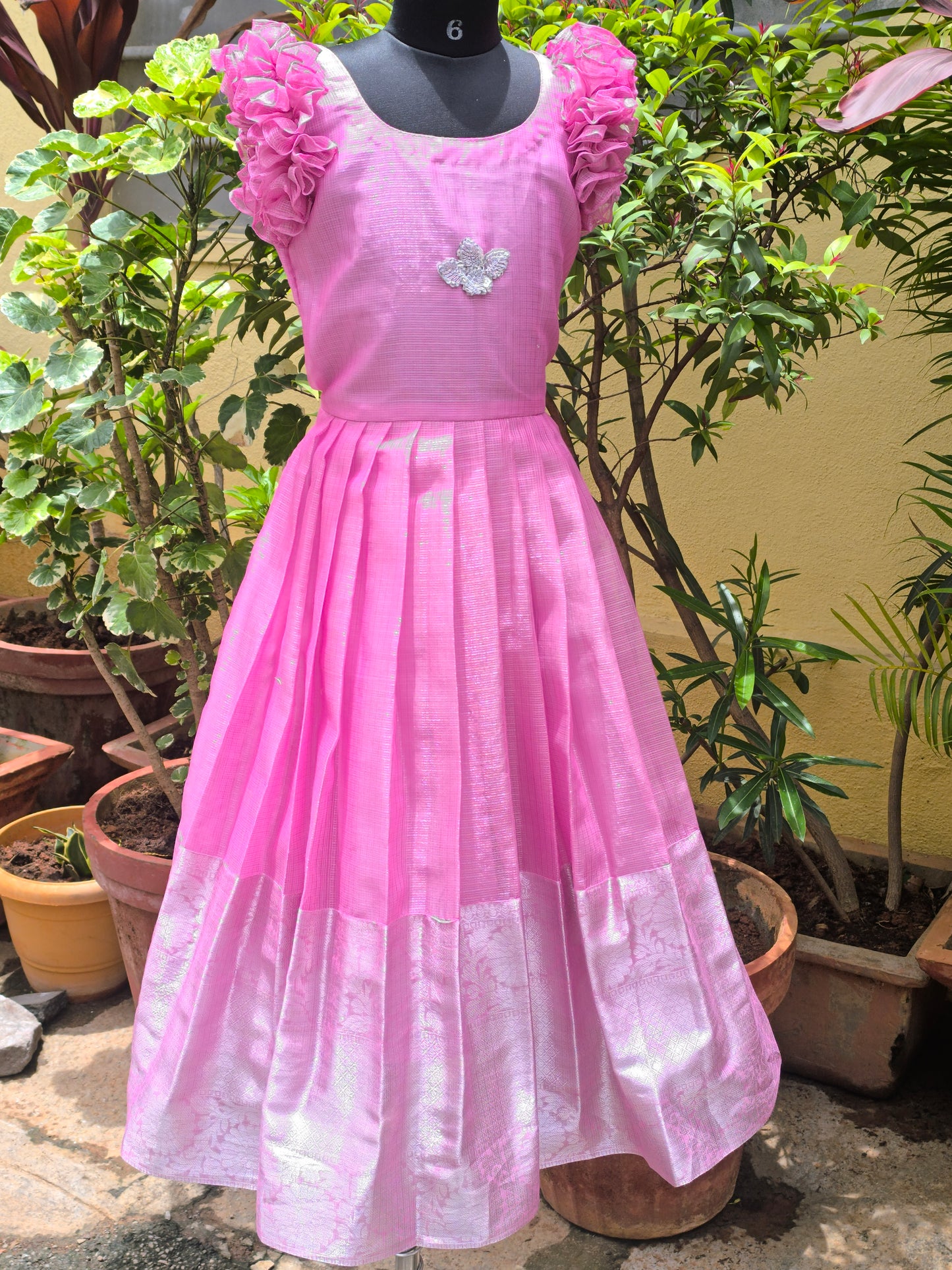 Alex Peony - Pink Color Tissue Pattu Frocks/Gown