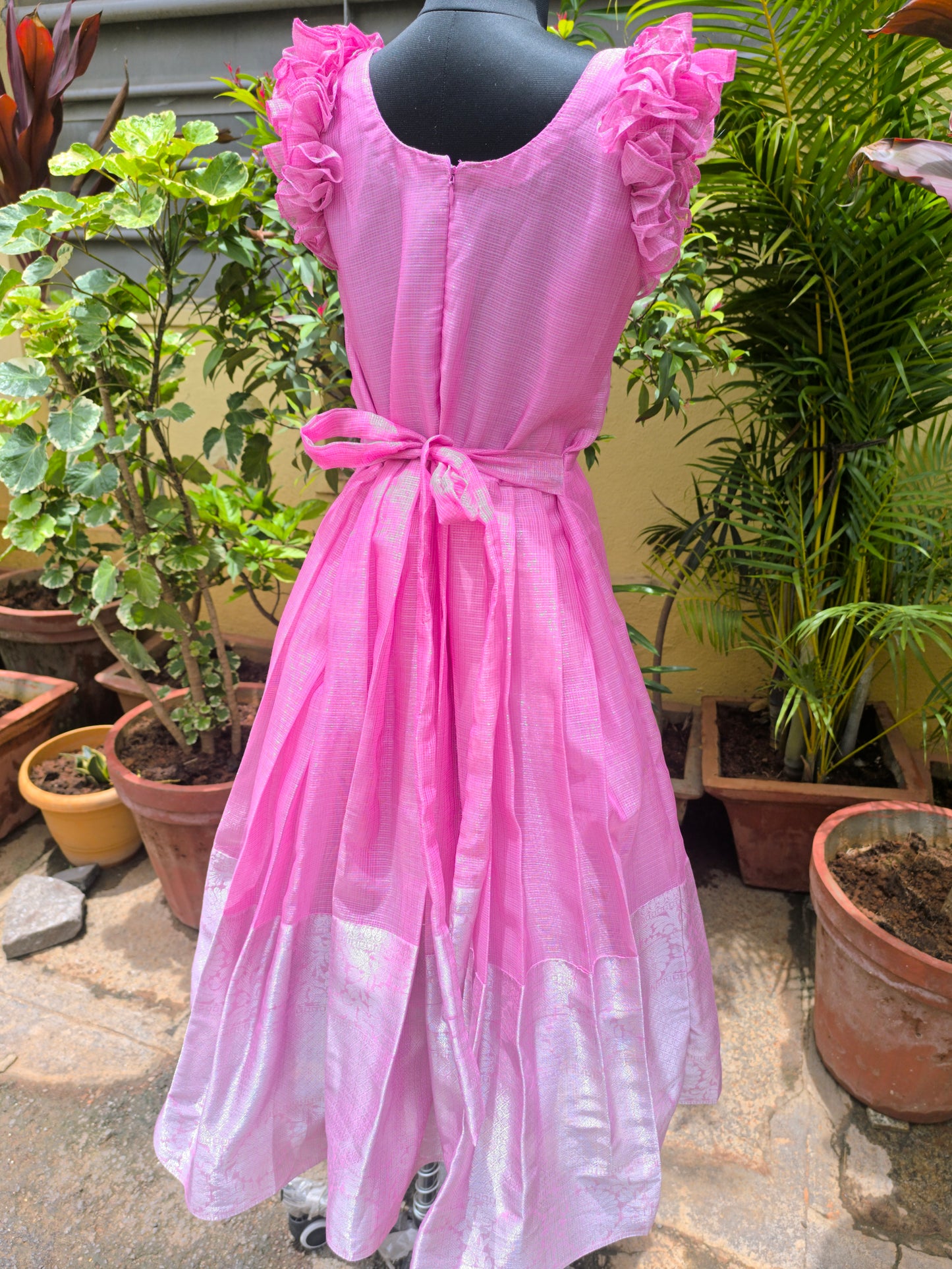 Alex Peony - Pink Color Tissue Pattu Frocks/Gown