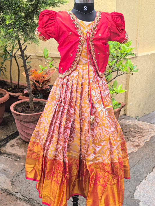 Begonia - Semi Kanchipuram Pattu Frocks/Gown with Detachable Overcoat