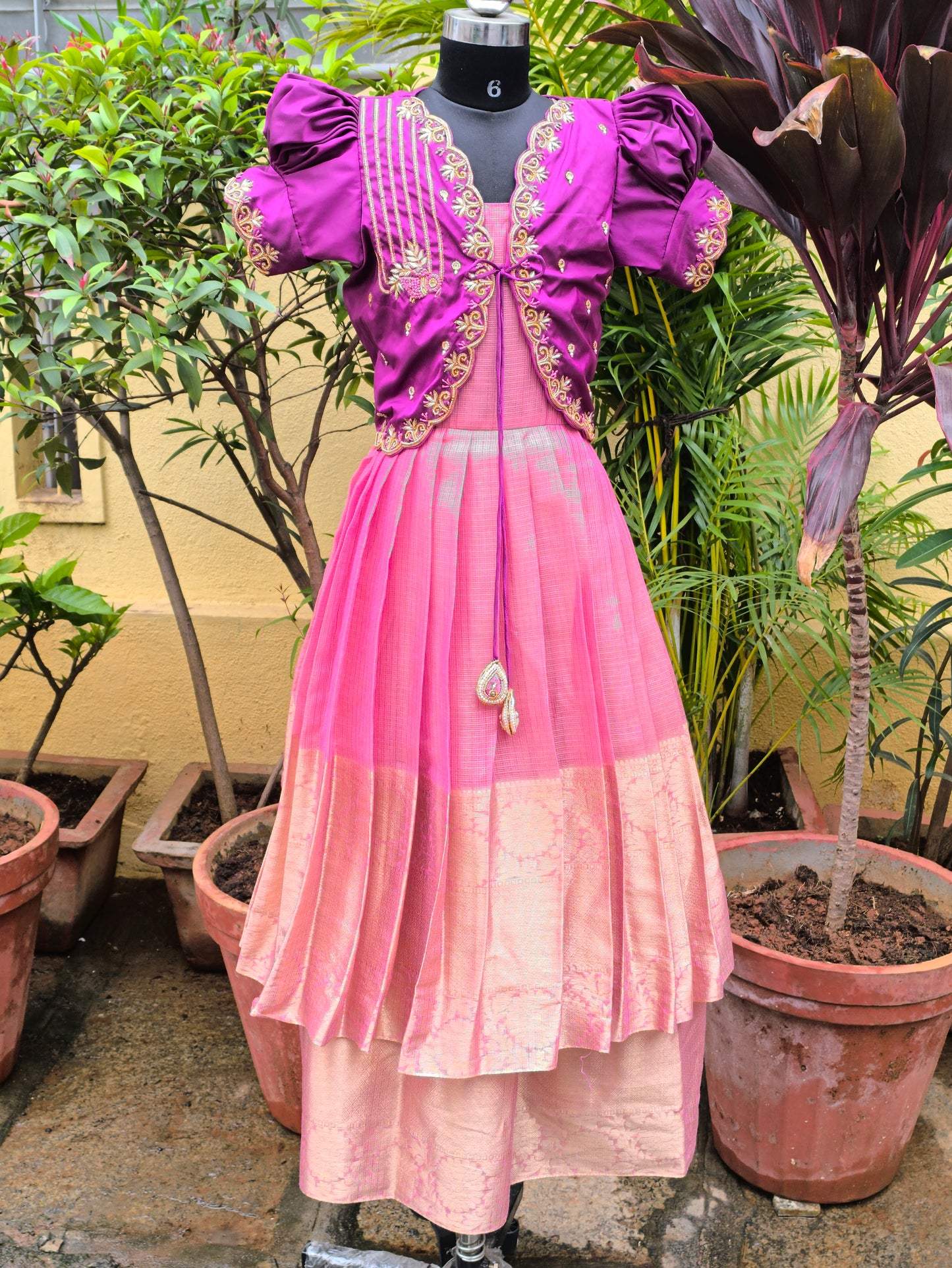 Peach Juliet - Tissue Silk Pattu Frocks/Gown with Detachable Overcoat