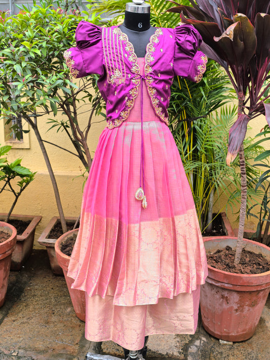 Peach Juliet - Tissue Silk Pattu Frocks/Gown with Detachable Overcoat