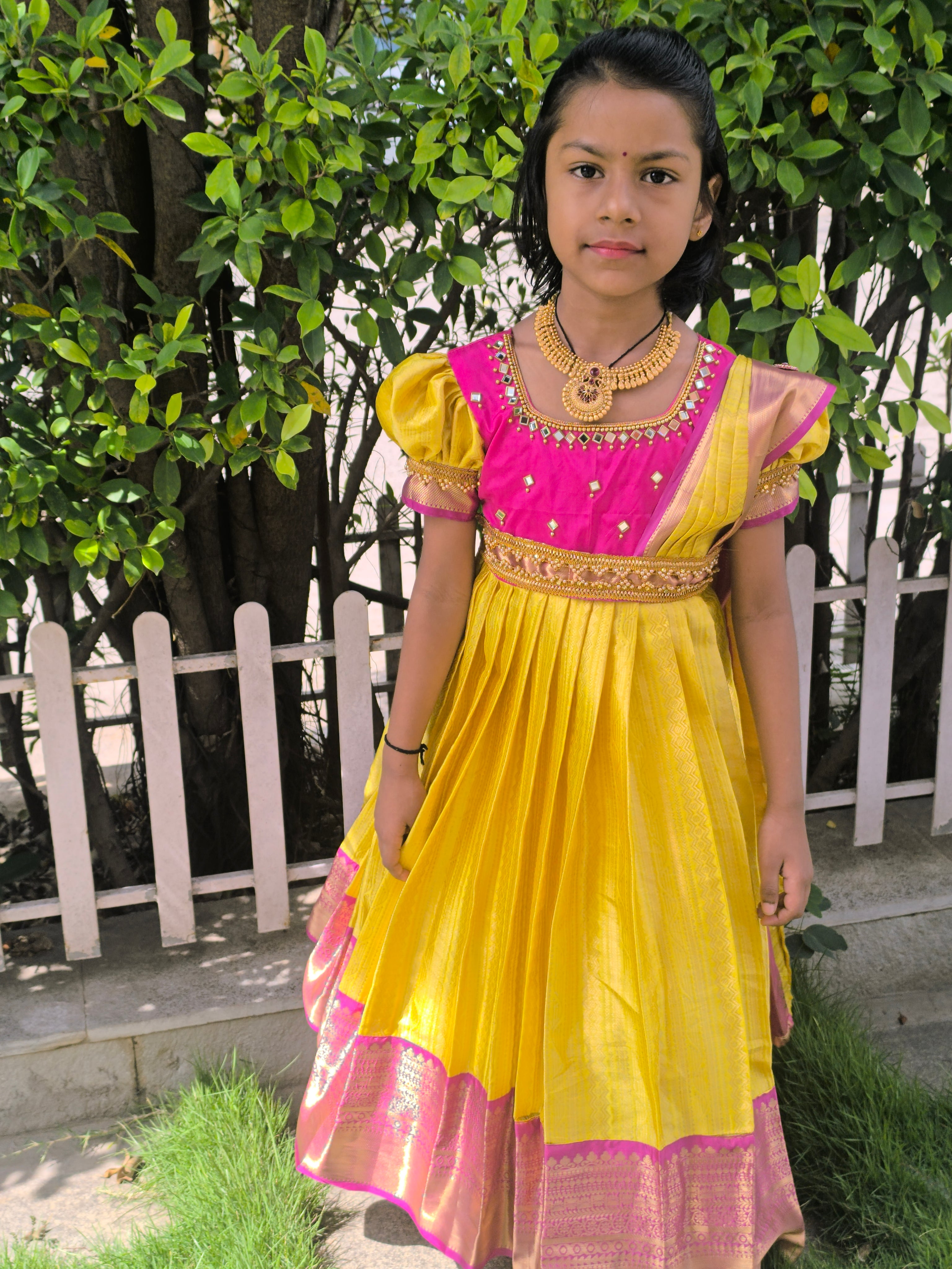 Yellow Star Semi Kanchipuram Pattu Frocks Gown with Detachable Waist Belt and Pallu 0 6 months