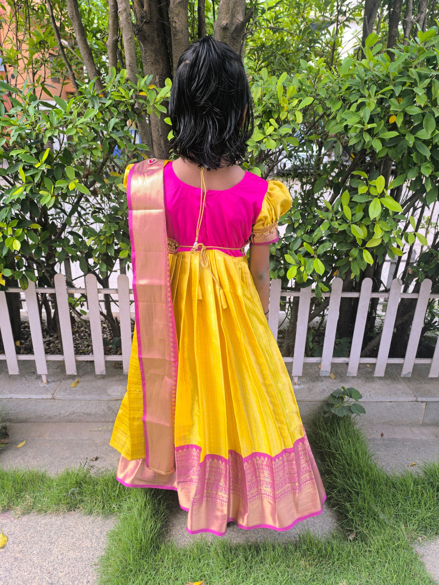 Yellow Star-  Semi Kanchipuram Pattu Frocks/Gown with  Detachable Waist Belt and Pallu