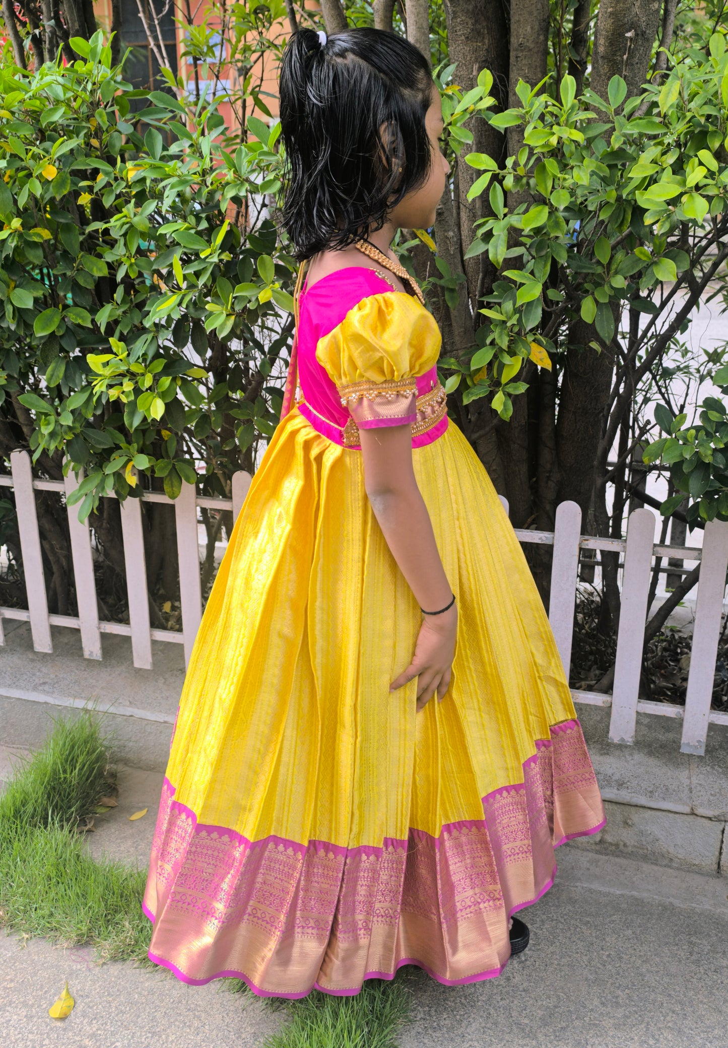 Yellow Star-  Semi Kanchipuram Pattu Frocks/Gown with  Detachable Waist Belt and Pallu