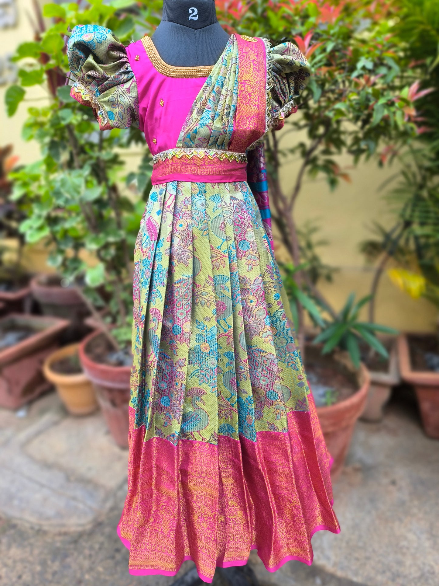 Aradhya-  Semi Kanchipuram Pattu Frocks/Gown with  Detachable Waist Belt and Pallu