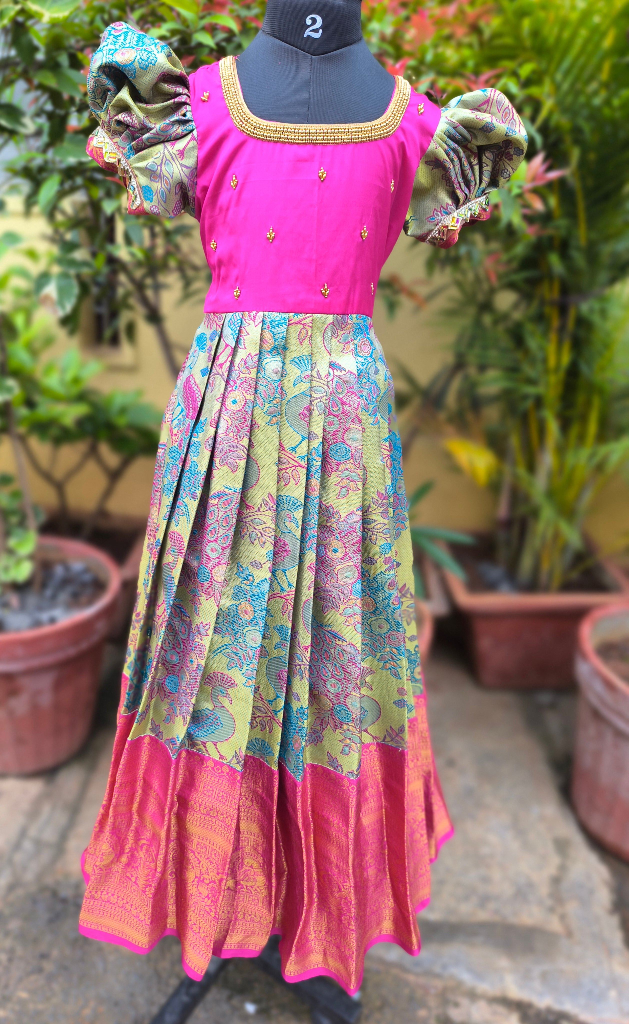 Aradhya Semi Kanchipuram Pattu Frocks Gown with Detachable Waist Belt srikamakshiwearhouse